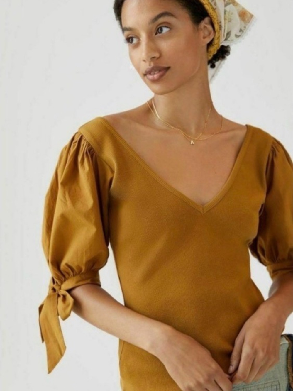 Maeve Tie-Sleeve V-Neck Top in Mustard